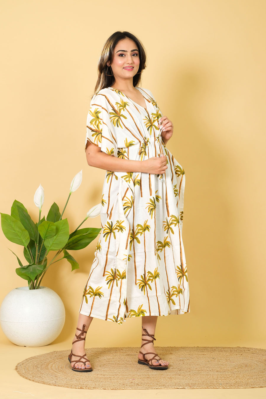 Palm Tree Print Kaftan For Women 100% Cotton Kaftan 3/4 Lenght Sleeves Kaftan