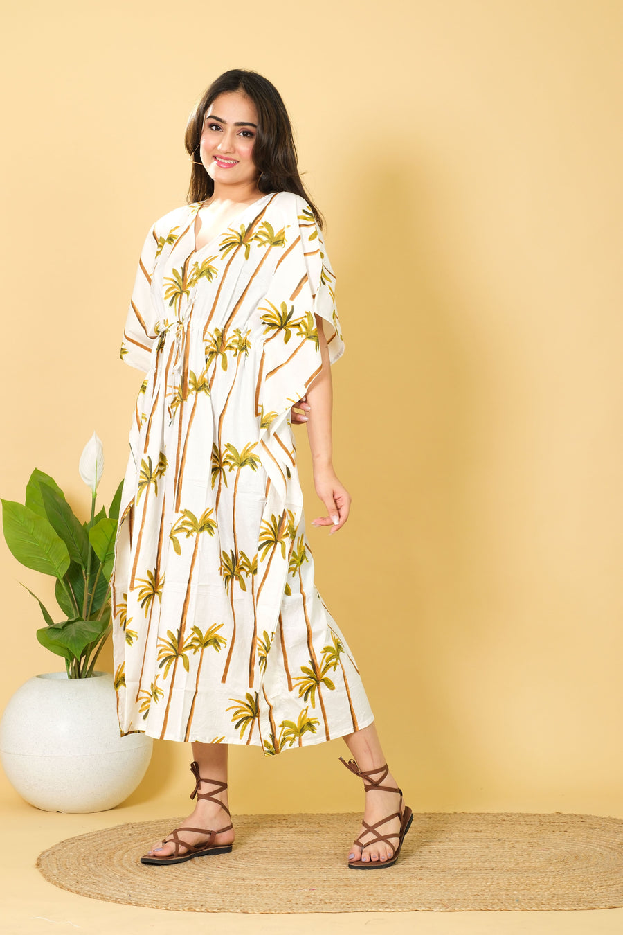 Palm Tree Print Kaftan For Women 100% Cotton Kaftan 3/4 Lenght Sleeves Kaftan