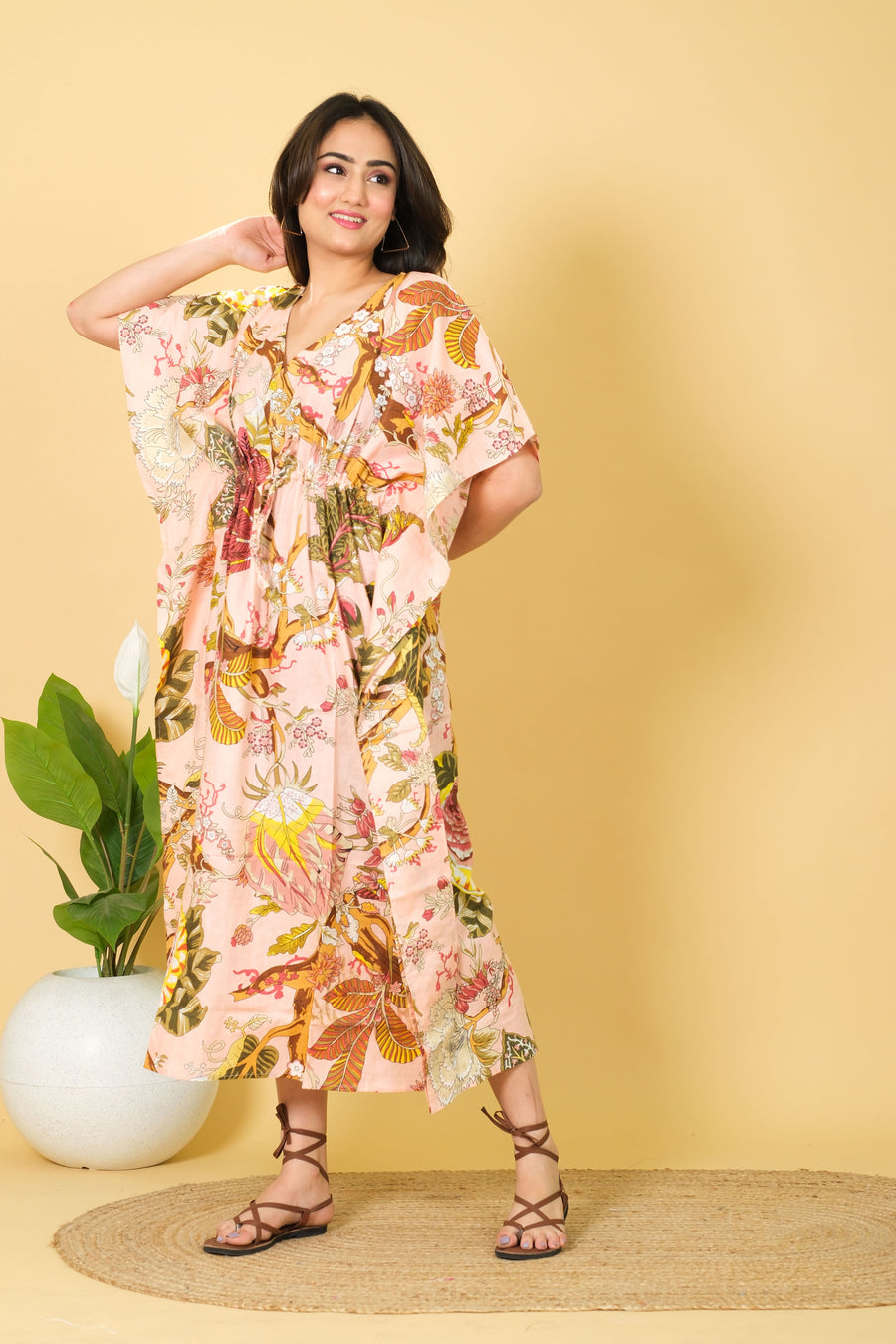 Nightwear Cotton Dress For Women 100% Cotton Kaftan 3/4 Sleeves with Full Length Kaftan