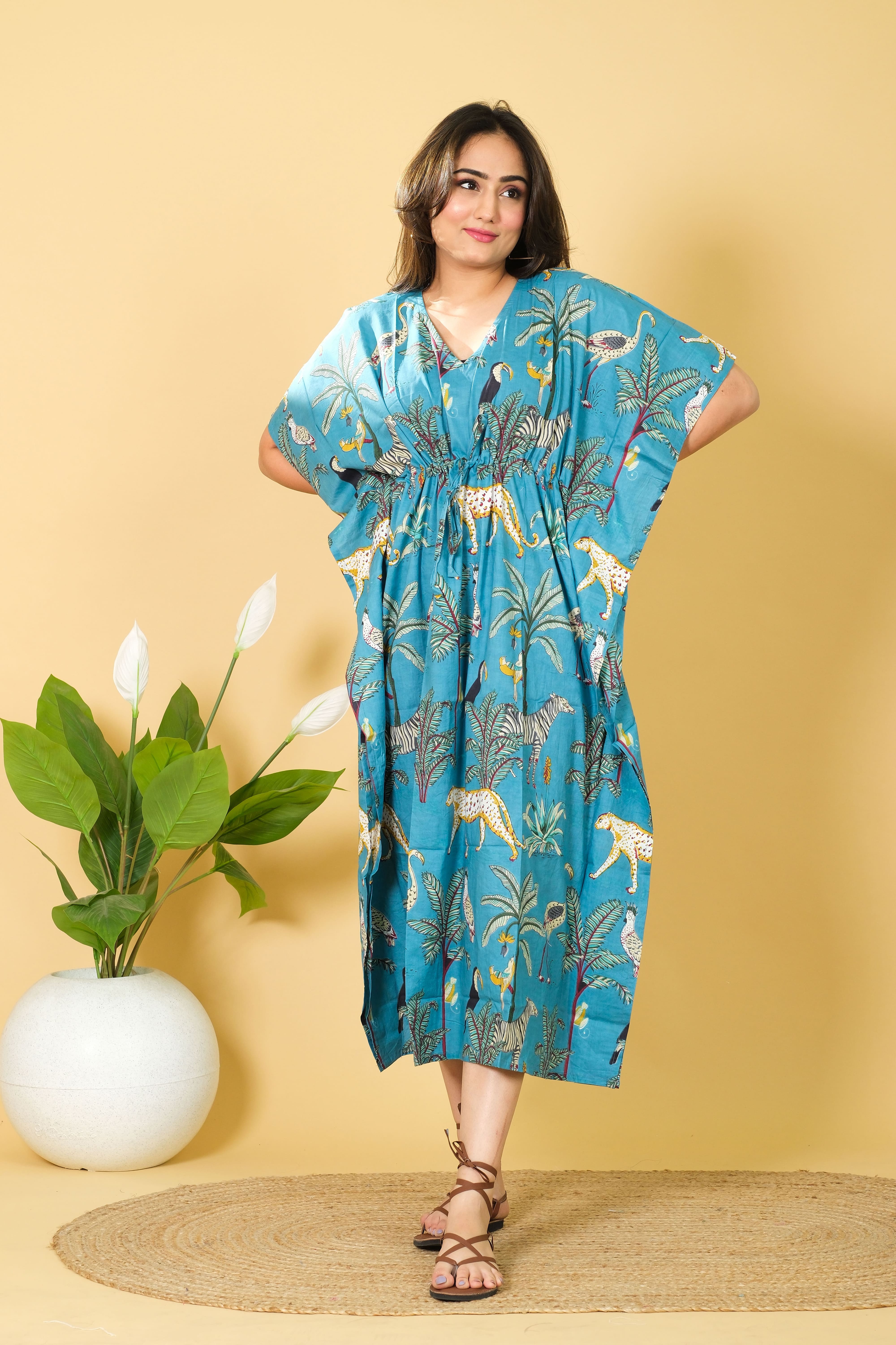 Unique Teal Color Kaftan For Sale 100% Cotton 3/4 Sleeves Kaftan For Womens