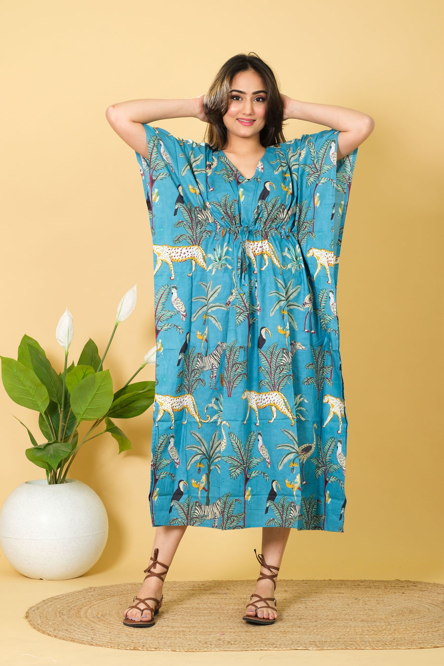 Unique Teal Color Kaftan For Sale 100% Cotton 3/4 Sleeves Kaftan For Womens