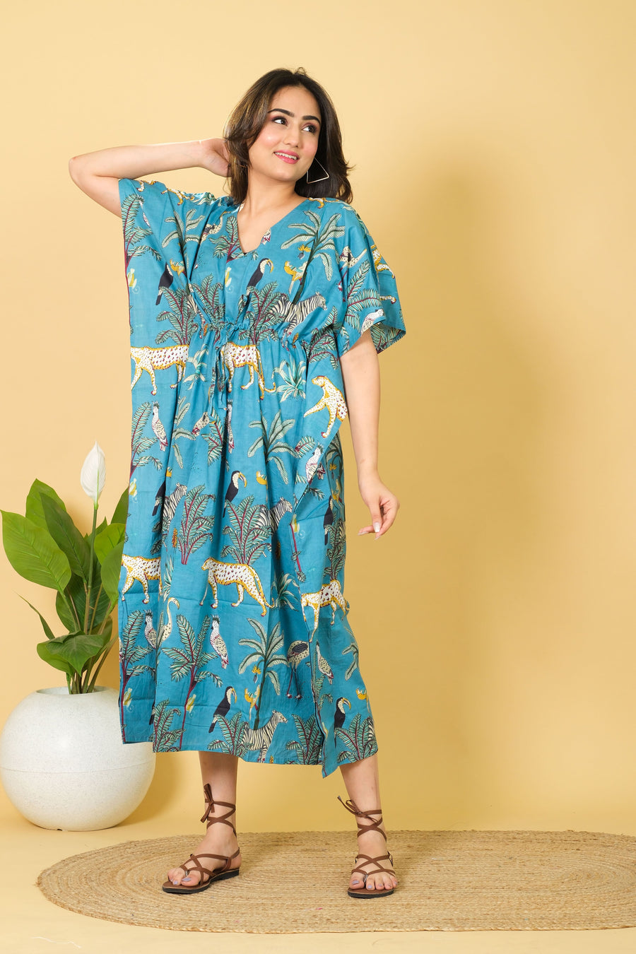 Unique Teal Color Kaftan For Sale 100% Cotton 3/4 Sleeves Kaftan For Womens