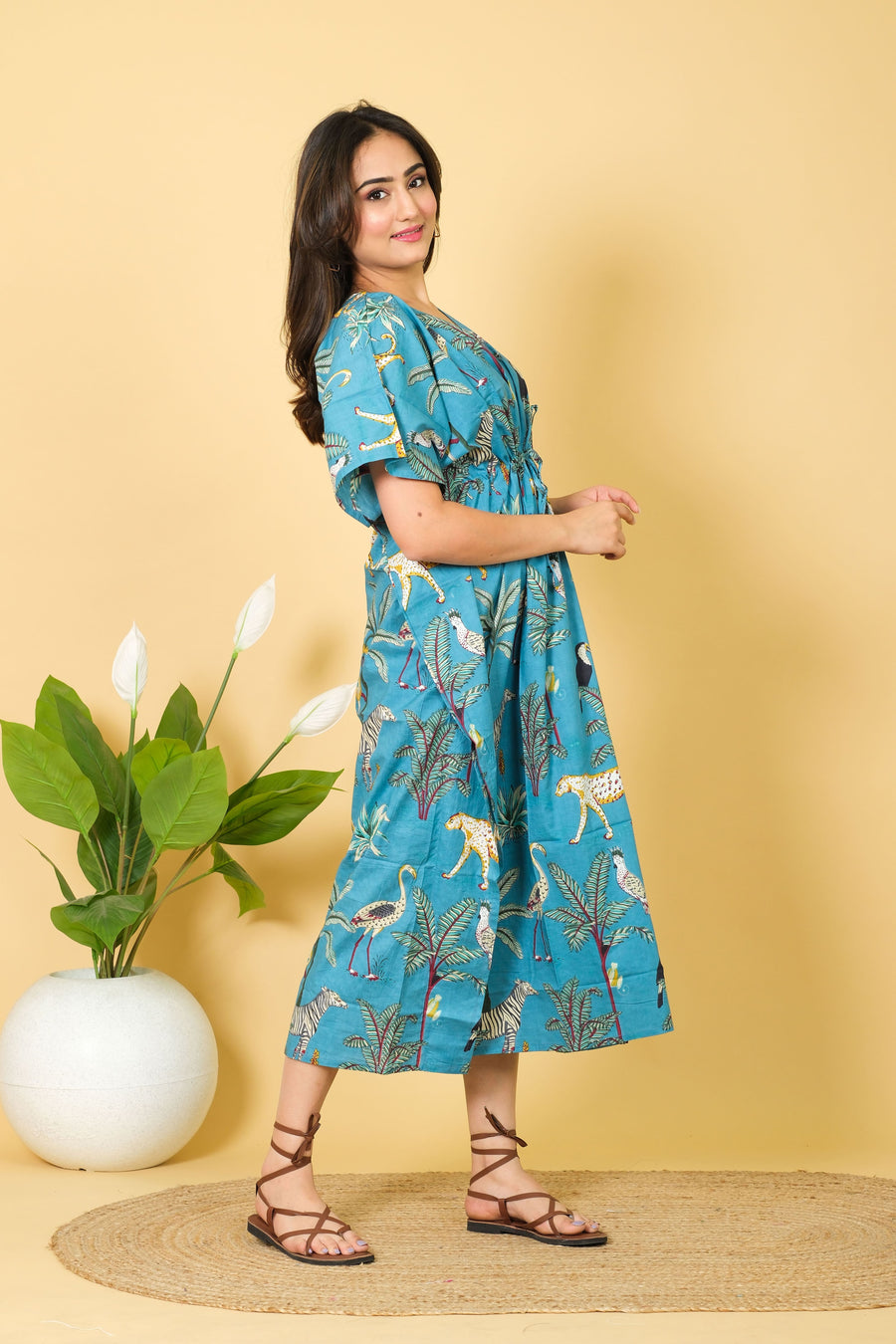 Unique Teal Color Kaftan For Sale 100% Cotton 3/4 Sleeves Kaftan For Womens