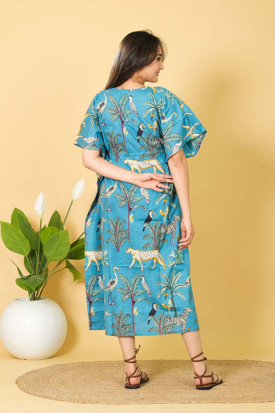 Unique Teal Color Kaftan For Sale 100% Cotton 3/4 Sleeves Kaftan For Womens