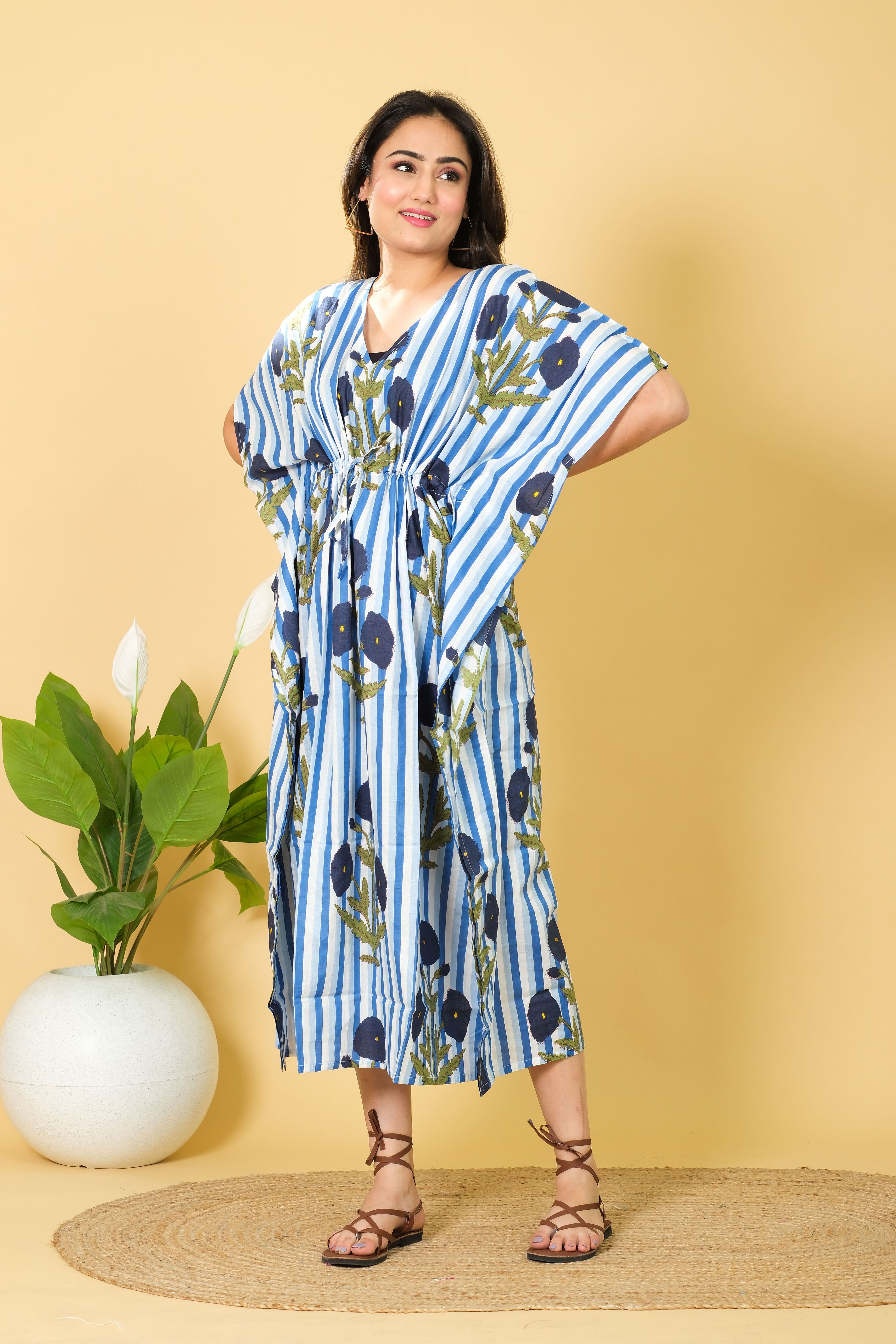 Women's Handmade Cotton Kaftan, 3/4 Sleeve V-neck Dress