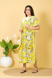 Women's Lightweight and Stylish Tropically Inspired Bright Yellow Printed Kaftan Dress