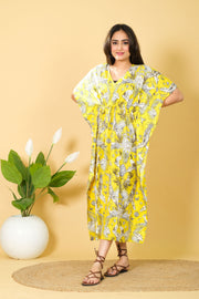 Women's Lightweight and Stylish Tropically Inspired Bright Yellow Printed Kaftan Dress