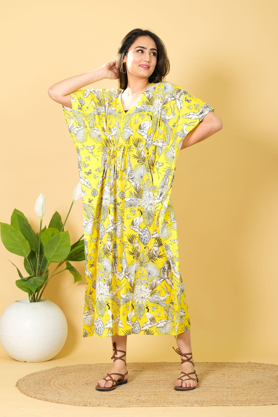 Women's Lightweight and Stylish Tropically Inspired Bright Yellow Printed Kaftan Dress