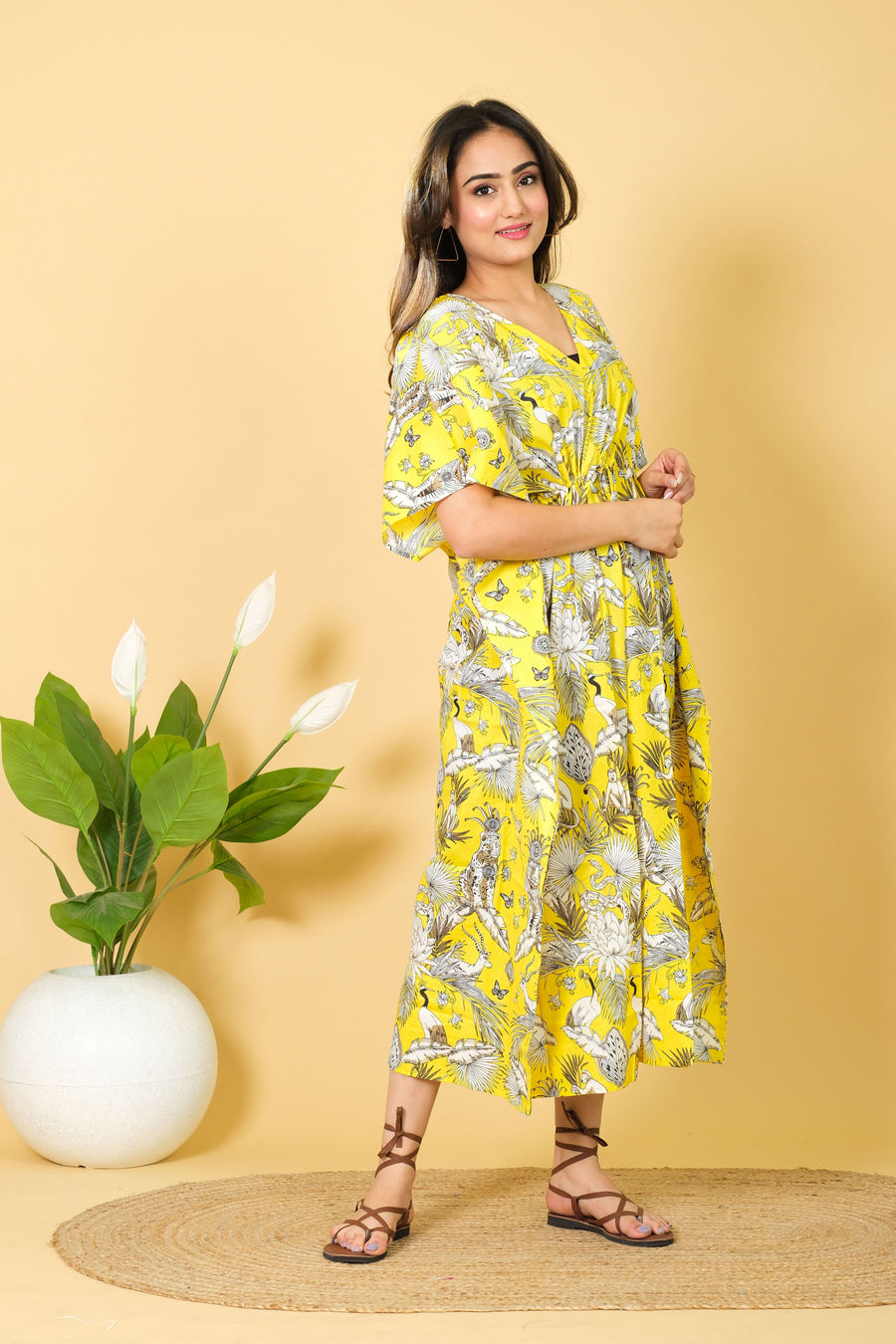 Women's Lightweight and Stylish Tropically Inspired Bright Yellow Printed Kaftan Dress