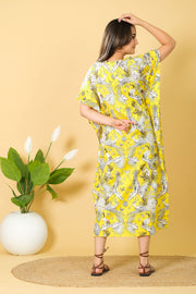 Women's Lightweight and Stylish Tropically Inspired Bright Yellow Printed Kaftan Dress