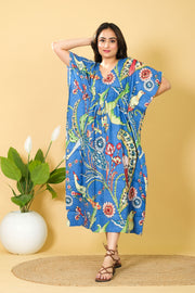 Women's Wear Blue Peacock Print Cotton Kaftan, V-neck Maxi Dress