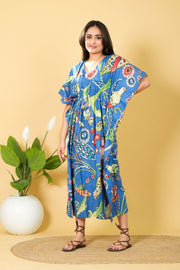 Women's Wear Blue Peacock Print Cotton Kaftan, V-neck Maxi Dress