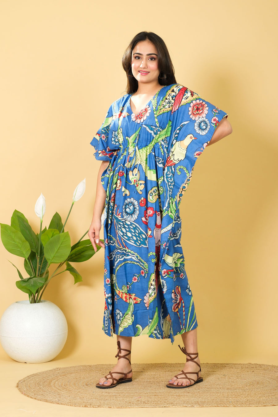 Women's Wear Blue Peacock Print Cotton Kaftan, V-neck Maxi Dress