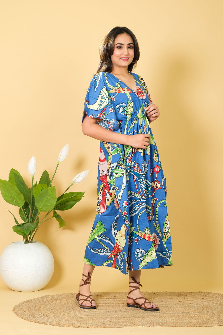 Women's Wear Blue Peacock Print Cotton Kaftan, V-neck Maxi Dress