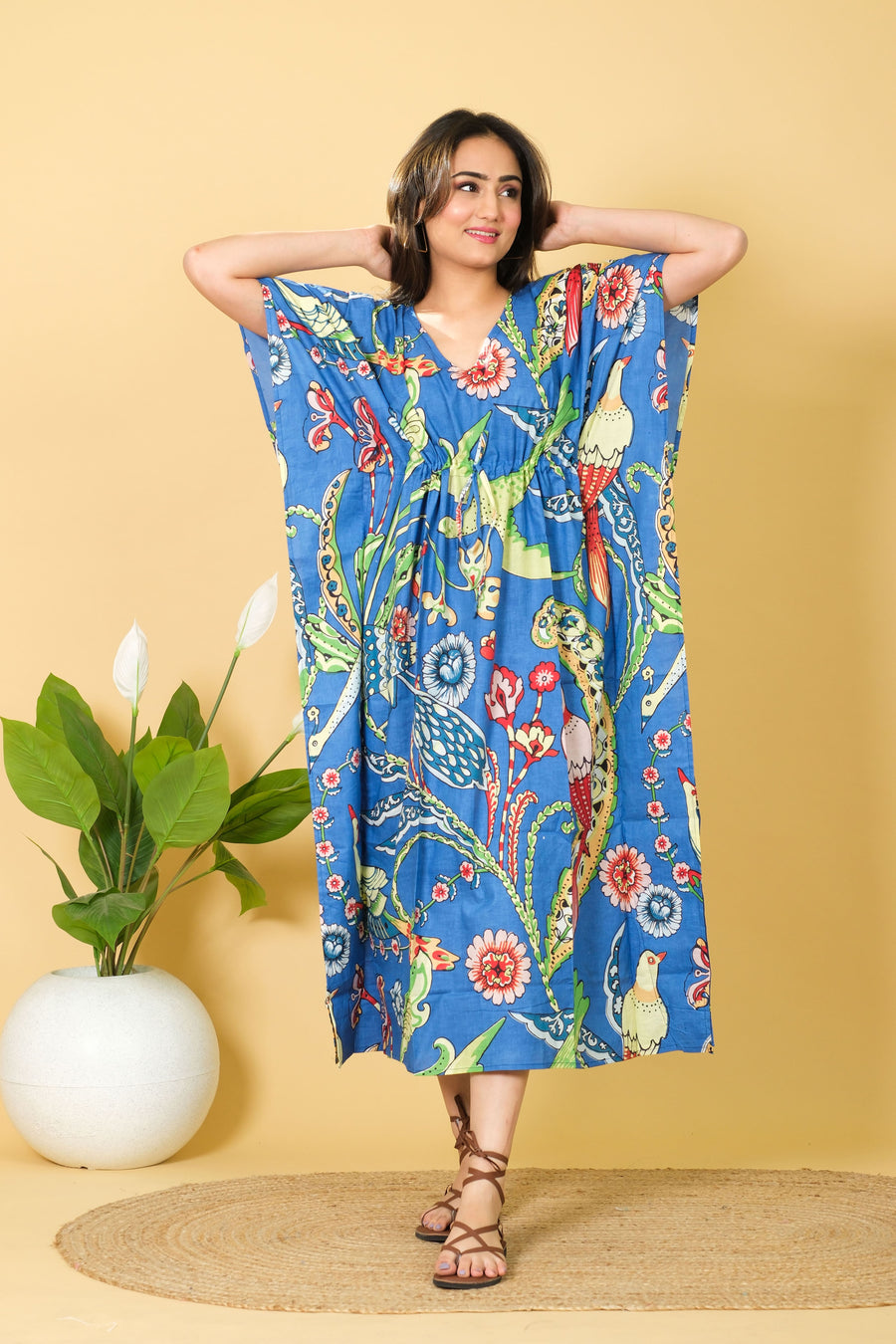 Women's Wear Blue Peacock Print Cotton Kaftan, V-neck Maxi Dress