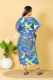 Women's Wear Blue Peacock Print Cotton Kaftan, V-neck Maxi Dress