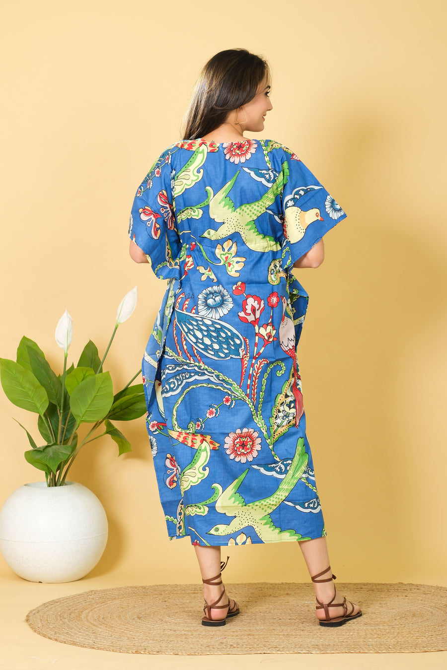 Women's Wear Blue Peacock Print Cotton Kaftan, V-neck Maxi Dress