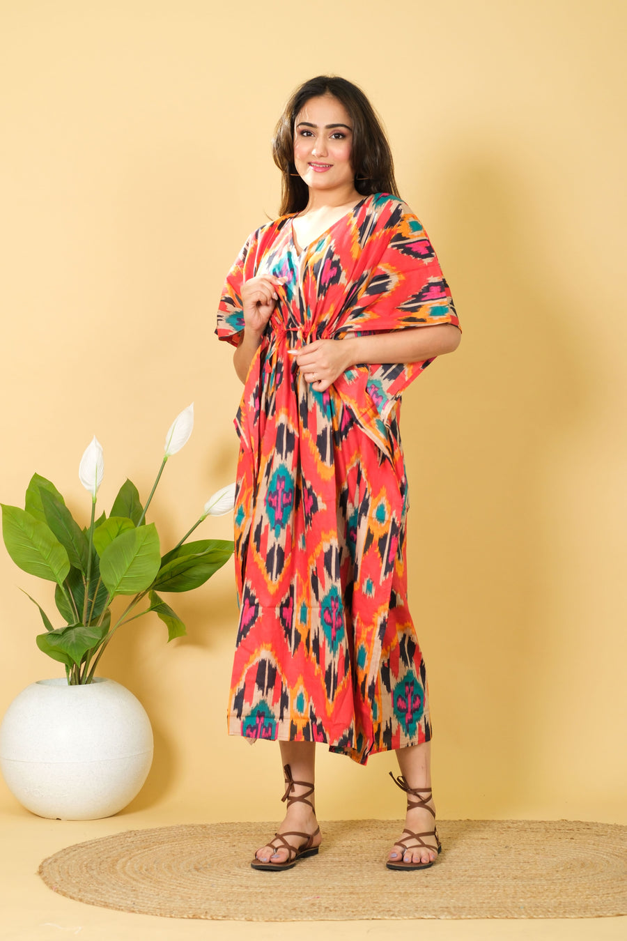 Comfortable and fashionable women's one-size orange cotton kaftan gown