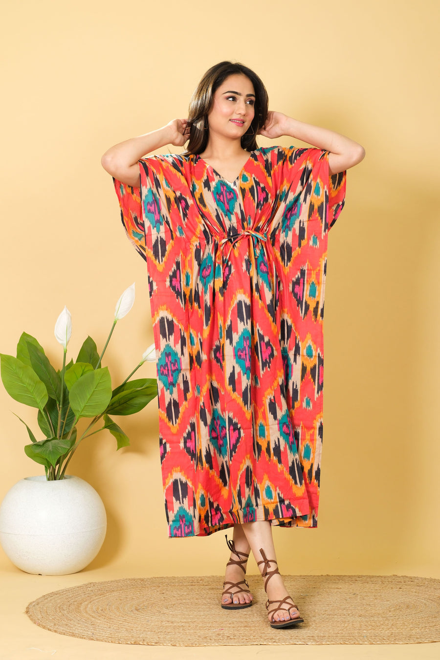 Comfortable and fashionable women's one-size orange cotton kaftan gown