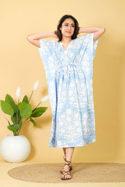 Indian Handmade Blue 100% Cotton Kaftan Gown, 3/4 Sleeve for Women