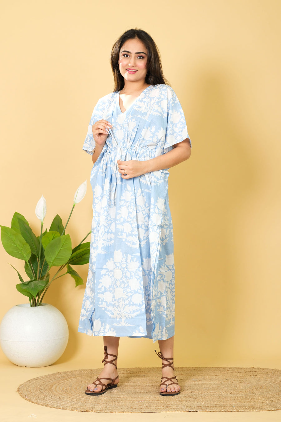 Indian Handmade Blue 100% Cotton Kaftan Gown, 3/4 Sleeve for Women