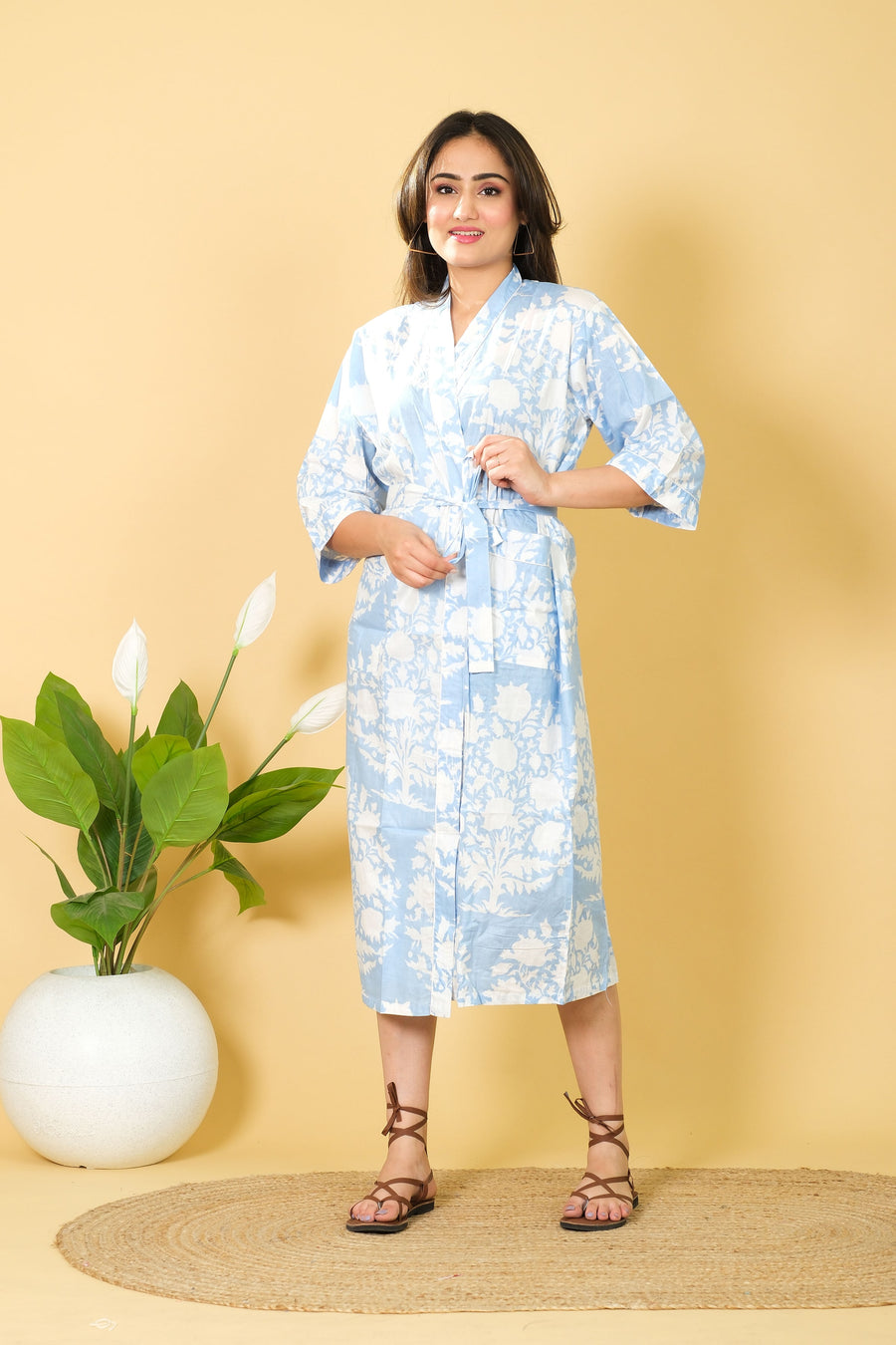 Handmade Floral Pattern Kimono Bathrobe Design By DIWAM VASTRA 3/4 Sleeves Comfortable Bathrobe For Women