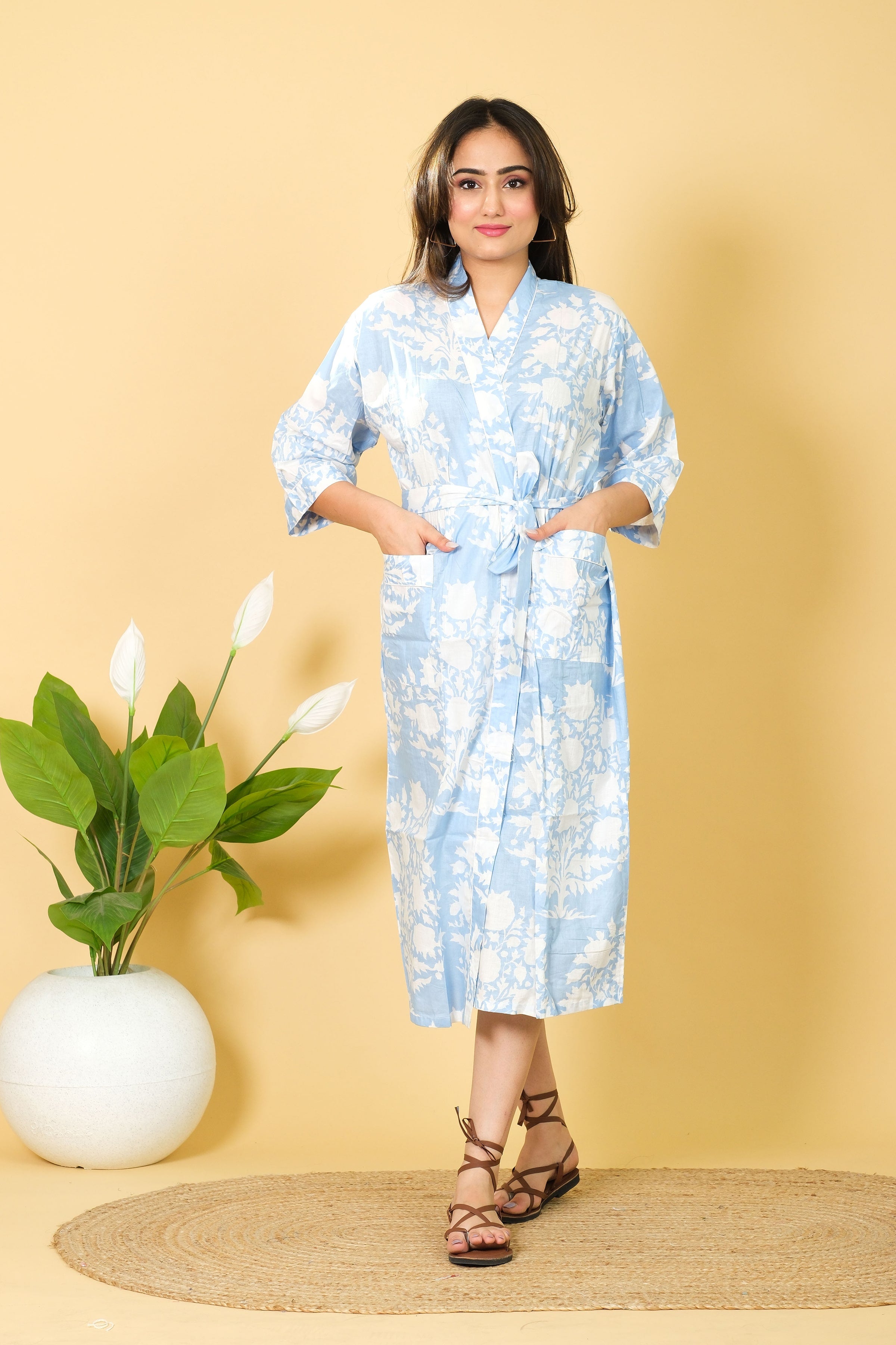 Handmade Floral Pattern Kimono Bathrobe Design By DIWAM VASTRA 3/4 Sleeves Comfortable Bathrobe For Women