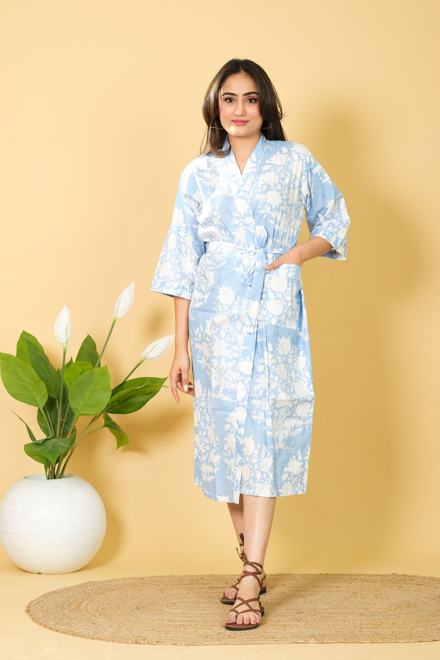 Handmade Floral Pattern Kimono Bathrobe Design By DIWAM VASTRA 3/4 Sleeves Comfortable Bathrobe For Women
