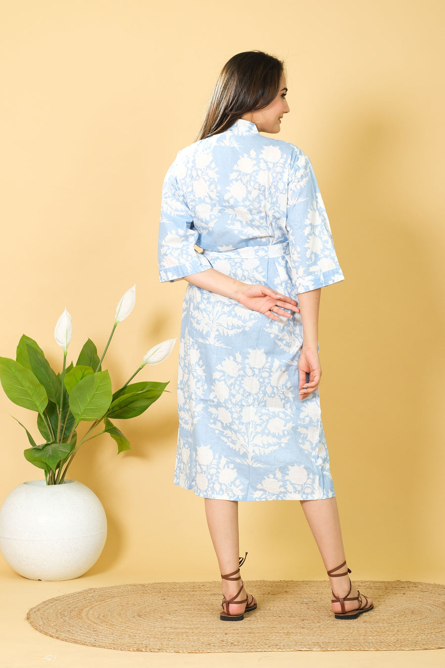 Handmade Floral Pattern Kimono Bathrobe Design By DIWAM VASTRA 3/4 Sleeves Comfortable Bathrobe For Women