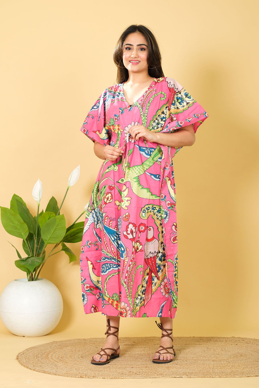 Women's Bright Pink Printed Kaftan Dress with Floral and Bird Designs: Cozy and Chic Summer Clothing