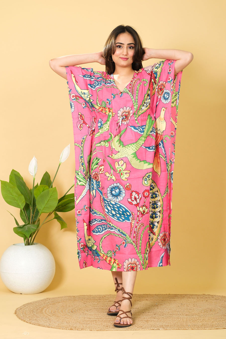 Women's Bright Pink Printed Kaftan Dress with Floral and Bird Designs: Cozy and Chic Summer Clothing