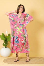 Women's Bright Pink Printed Kaftan Dress with Floral and Bird Designs: Cozy and Chic Summer Clothing