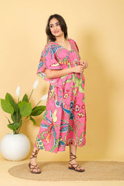 Women's Bright Pink Printed Kaftan Dress with Floral and Bird Designs: Cozy and Chic Summer Clothing