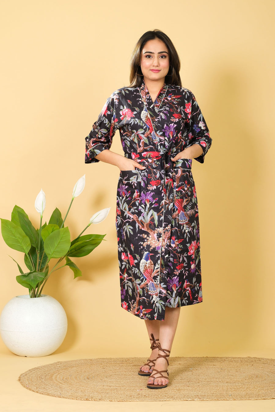 Loungewear Kimono Bathrobe For Women 3/4 Sleeves Kimono Bathrobe Sleepwear Item