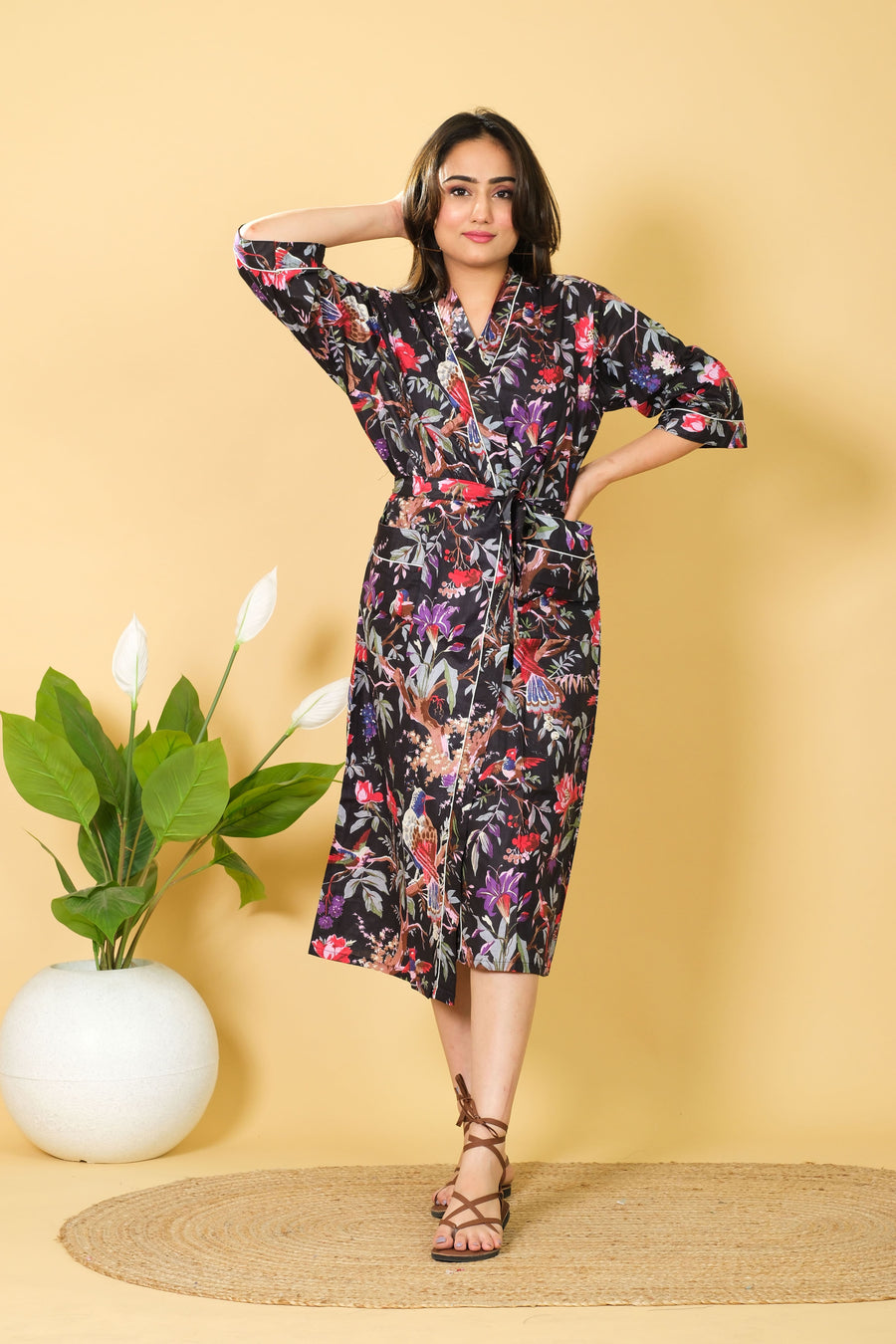 Loungewear Kimono Bathrobe For Women 3/4 Sleeves Kimono Bathrobe Sleepwear Item