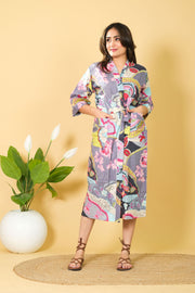 Multicolored Floral Design Breathable & Cozy Design Bathrobe 3/4 Sleeves Cotton Bathrobe
