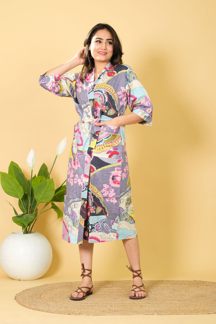Multicolored Floral Design Breathable & Cozy Design Bathrobe 3/4 Sleeves Cotton Bathrobe