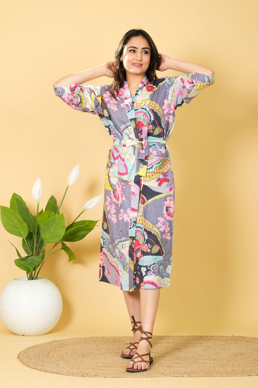 Multicolored Floral Design Breathable & Cozy Design Bathrobe 3/4 Sleeves Cotton Bathrobe