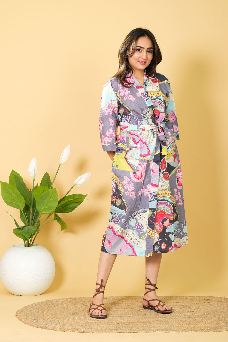 Multicolored Floral Design Breathable & Cozy Design Bathrobe 3/4 Sleeves Cotton Bathrobe