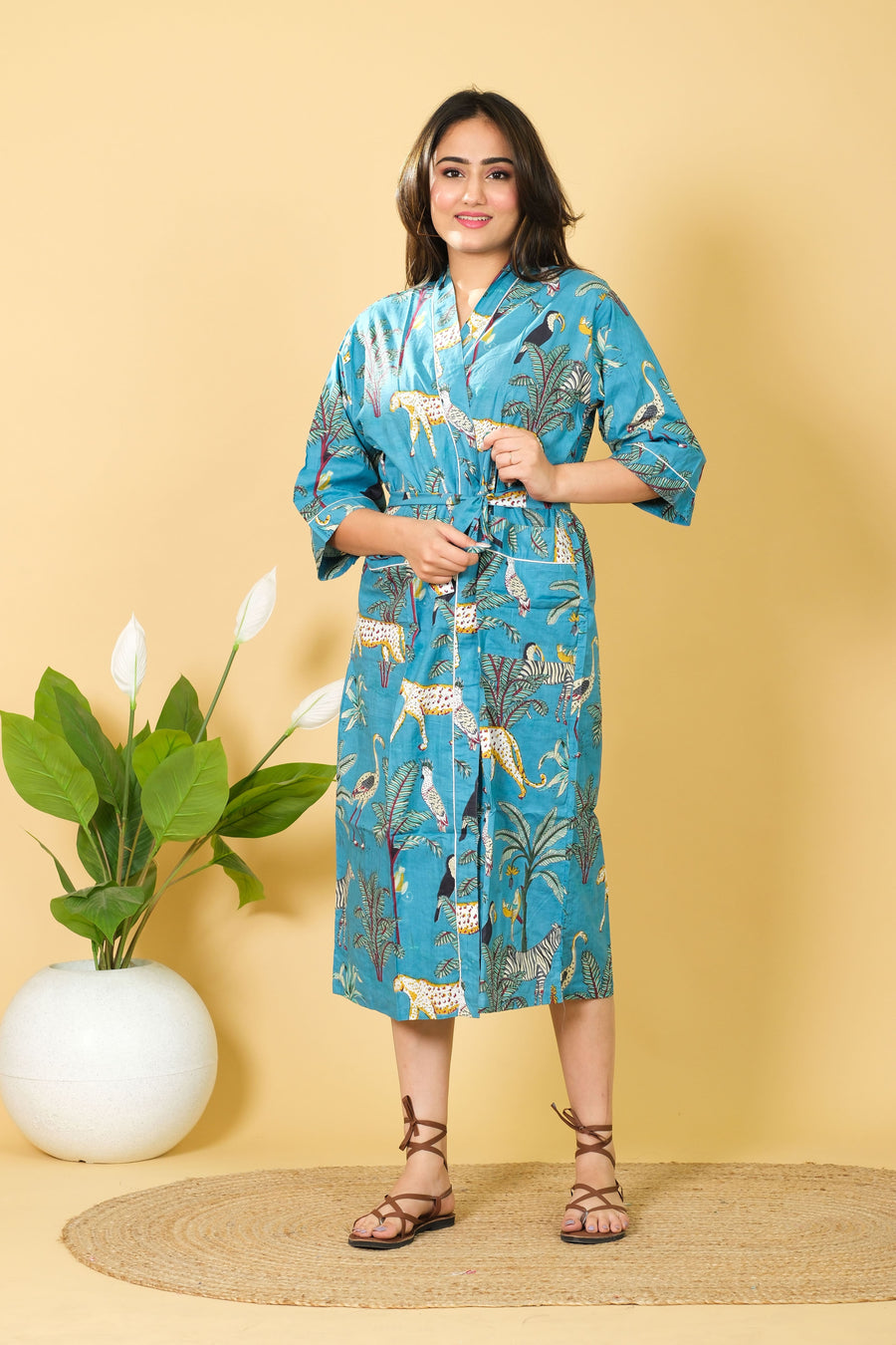 Sea Green Color Bathrobe 100% Cotton Bathrobe For Women 3/4 Sleeves With Cozy & Soft Fabric