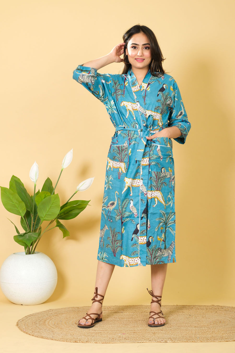 Sea Green Color Bathrobe 100% Cotton Bathrobe For Women 3/4 Sleeves With Cozy & Soft Fabric