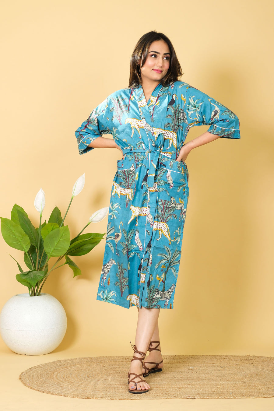 Sea Green Color Bathrobe 100% Cotton Bathrobe For Women 3/4 Sleeves With Cozy & Soft Fabric
