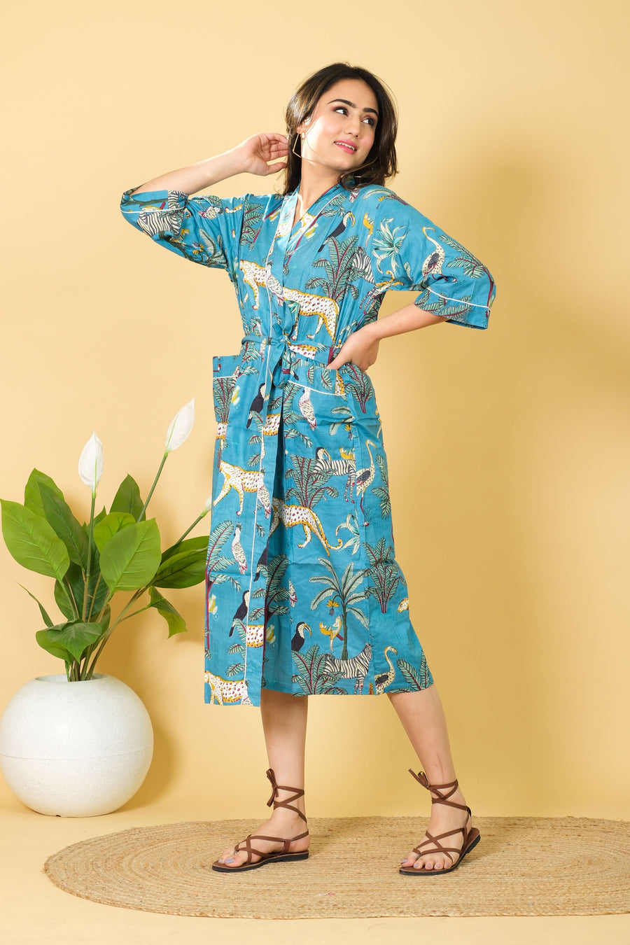 Sea Green Color Bathrobe 100% Cotton Bathrobe For Women 3/4 Sleeves With Cozy & Soft Fabric