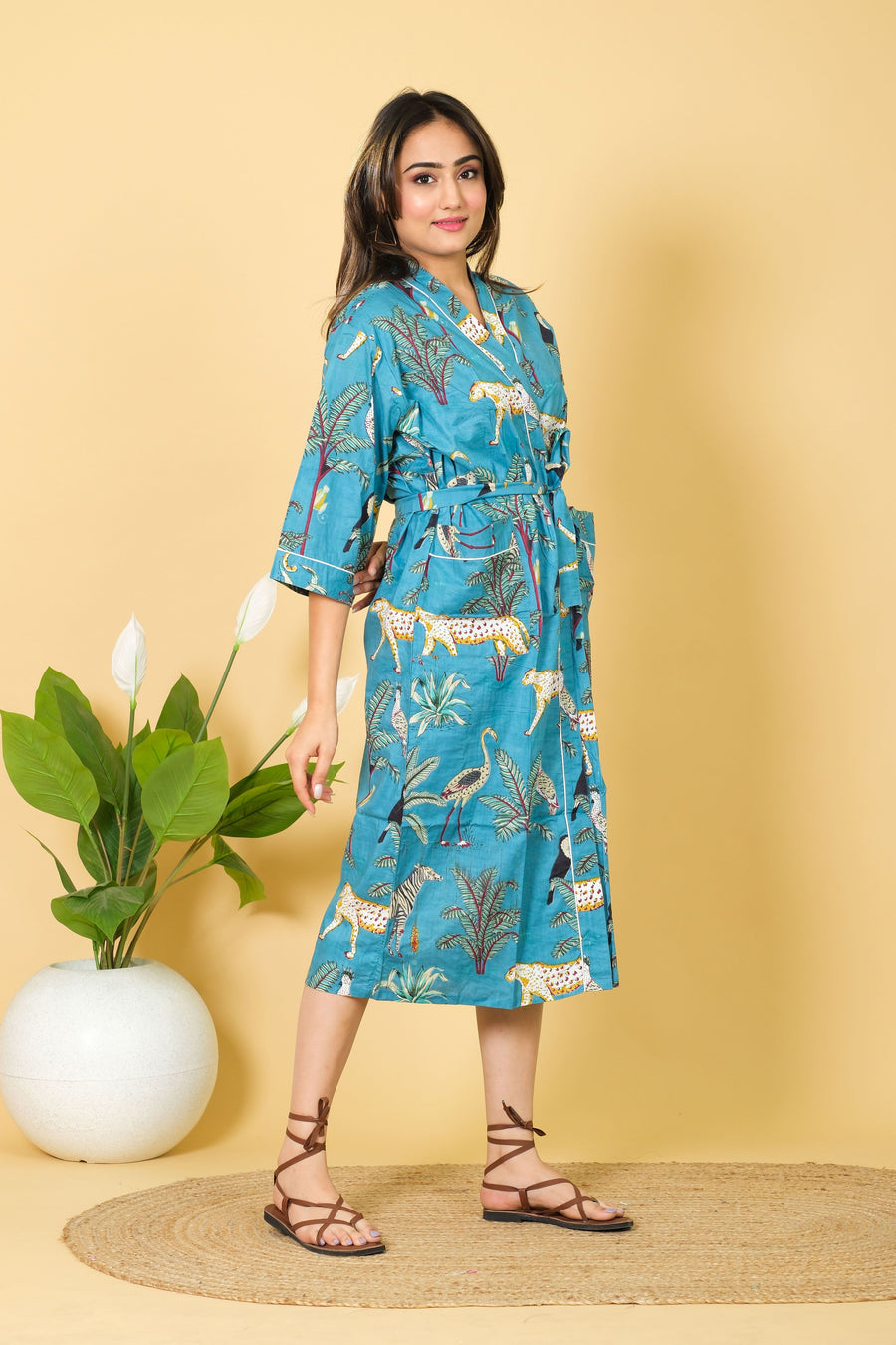 Sea Green Color Bathrobe 100% Cotton Bathrobe For Women 3/4 Sleeves With Cozy & Soft Fabric