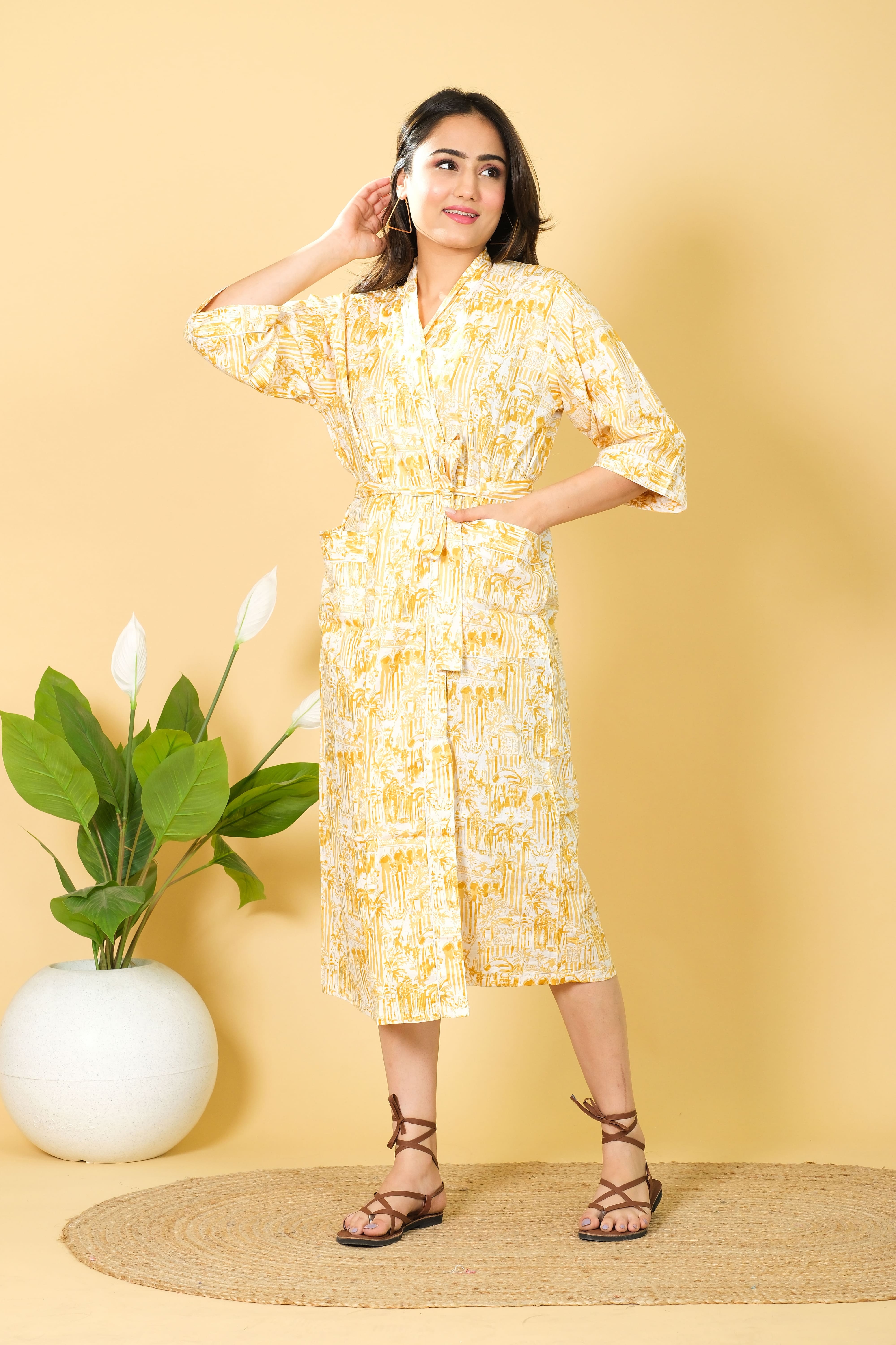 White Cotton Bathrobe With Tribe Print Pure Cotton Bathrobe For Women