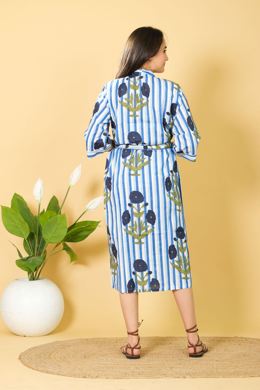 100% Cotton Bathrobe 3/4 Sleeves Bathrobe Blue Color Cotton Bathrobe For Womens