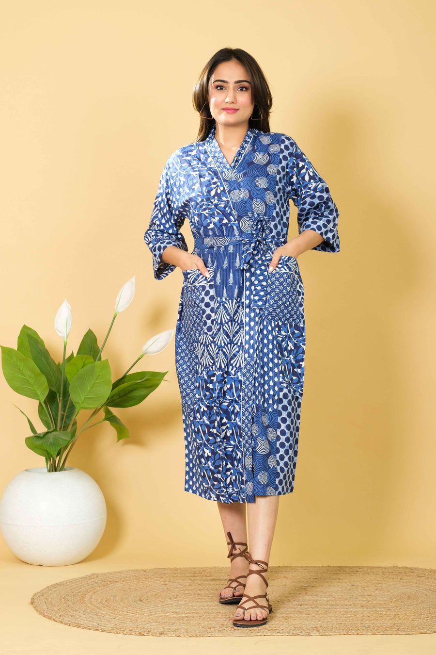 Handmade Patch Work Bathrobe For Women 100% Cotton Kimono Bathrobe