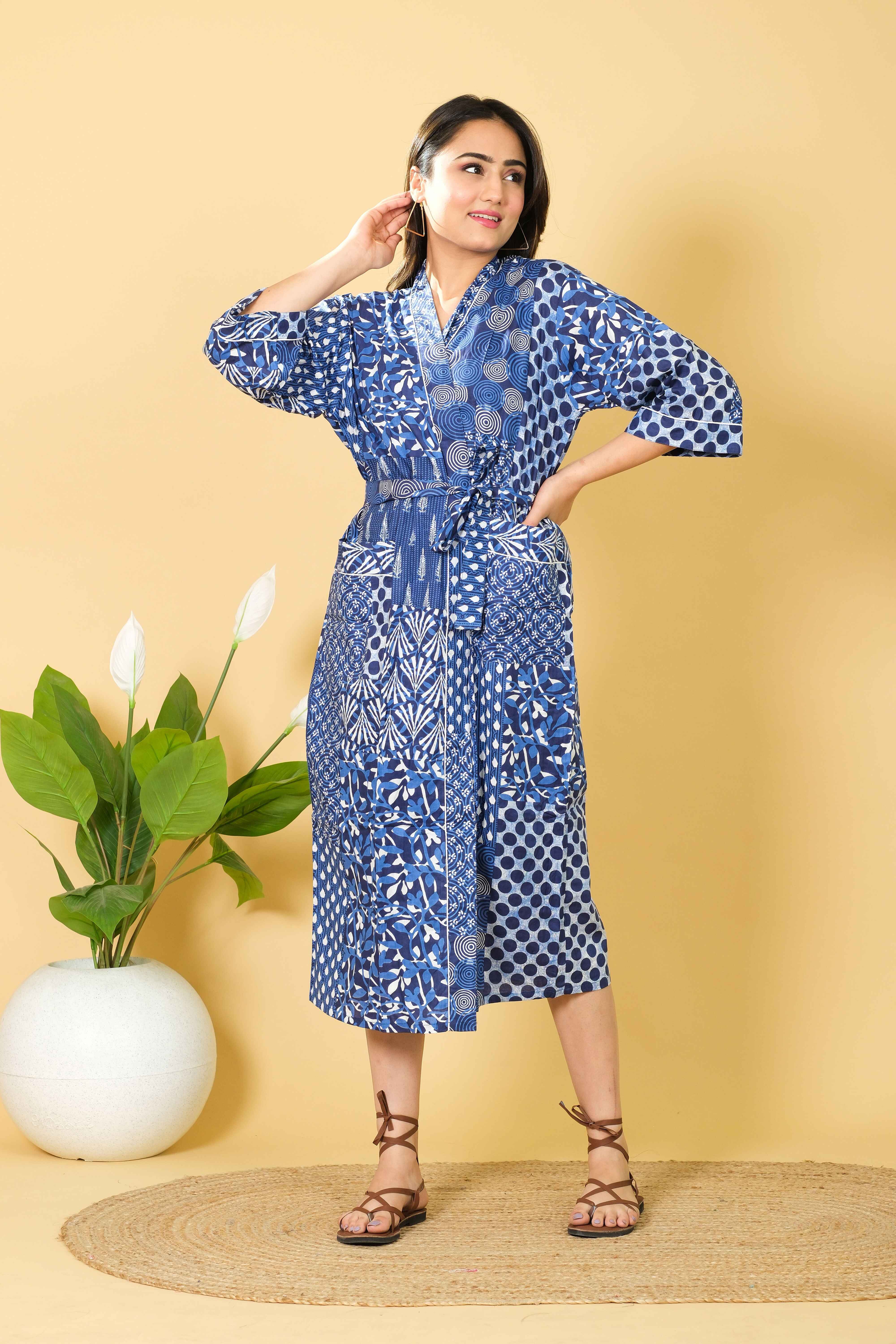 Handmade Patch Work Bathrobe For Women 100% Cotton Kimono Bathrobe