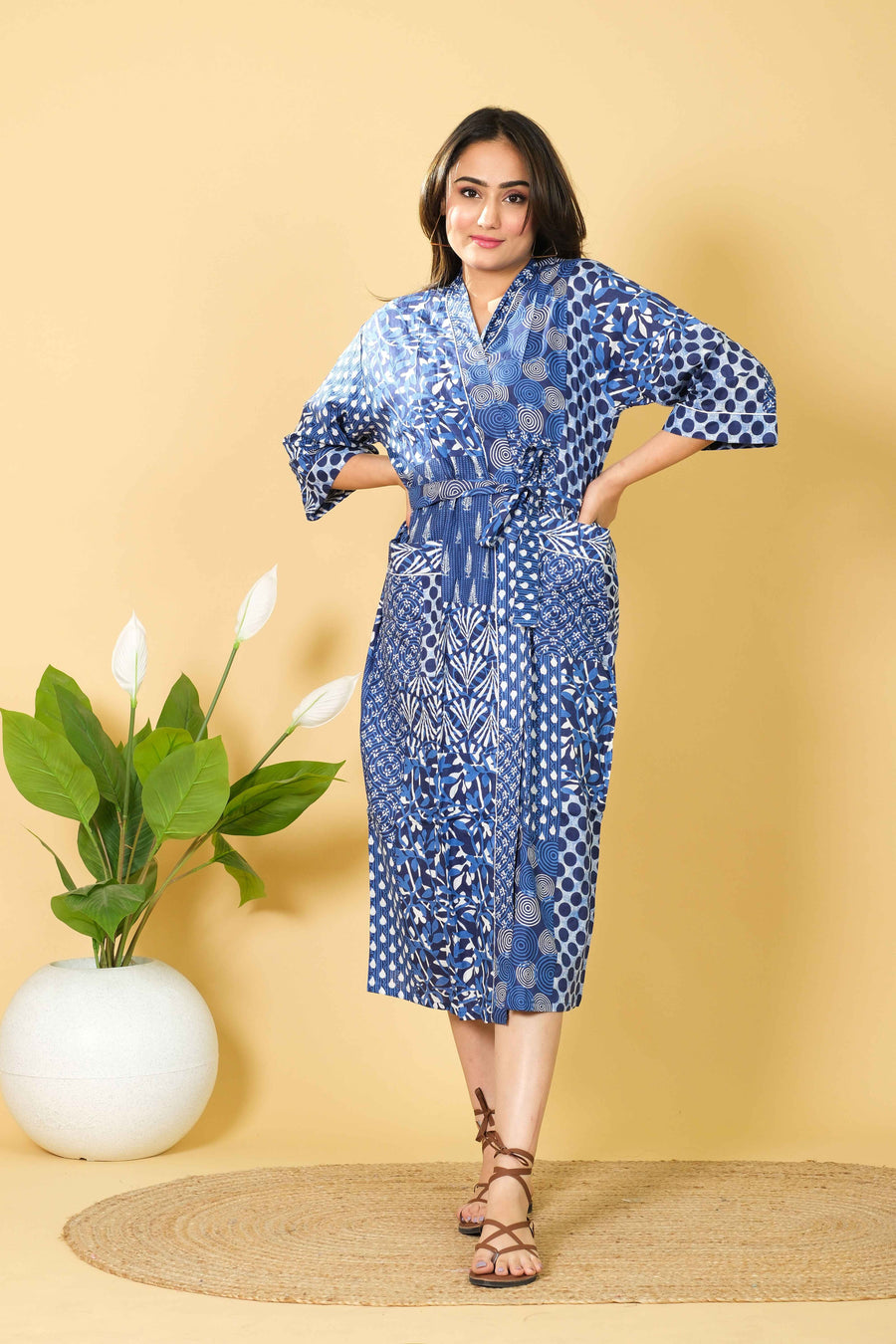 Handmade Patch Work Bathrobe For Women 100% Cotton Kimono Bathrobe