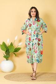 Natural Sea Green Color Cotton Bathrobe For Women Floral Design